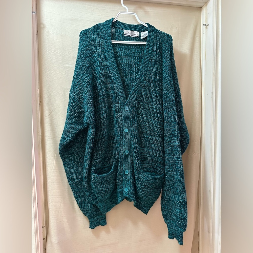 Club International Men’s Vintage Y2K Teal Knit Cardigan Retro Grandpa Core
